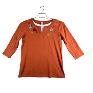 Morning Sun Top Birds Embroidered Fall Layer Tunic Autumn Pullover Orange Small‎